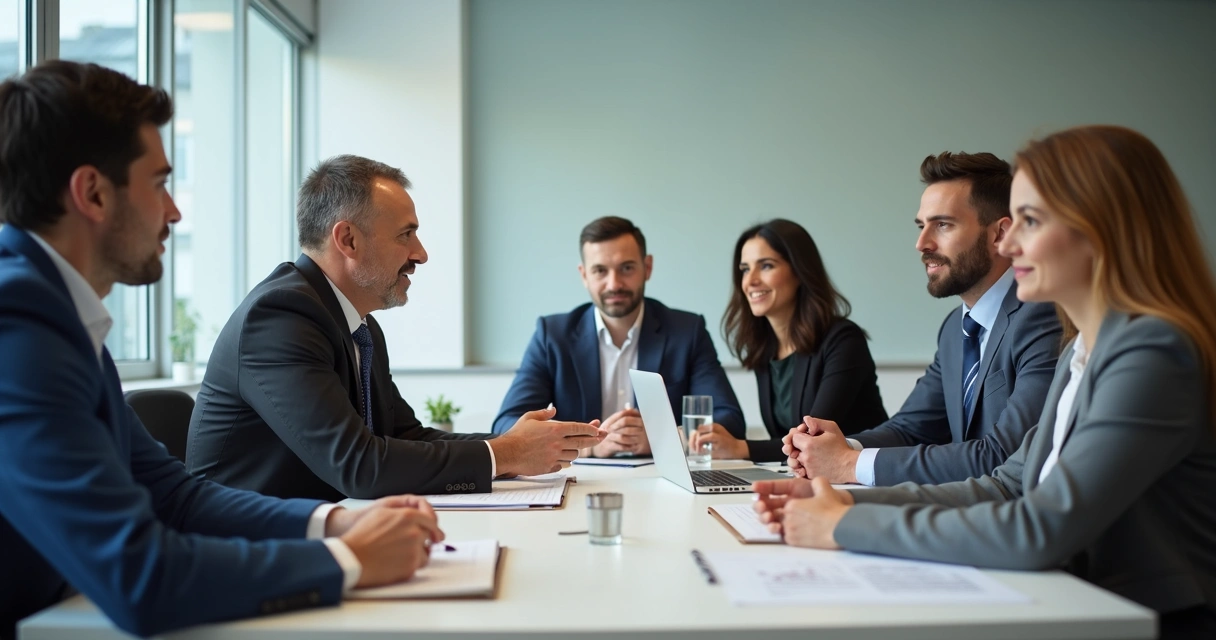 Equipe corporativa reunida ouvindo atentamente em reunião 