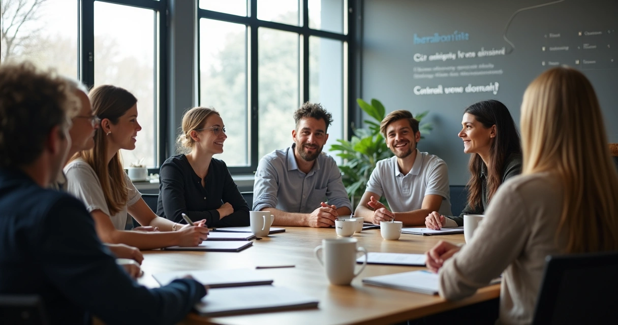 Equipe reunida em sala de reunião, indivíduos atentos e fazendo contato visual 