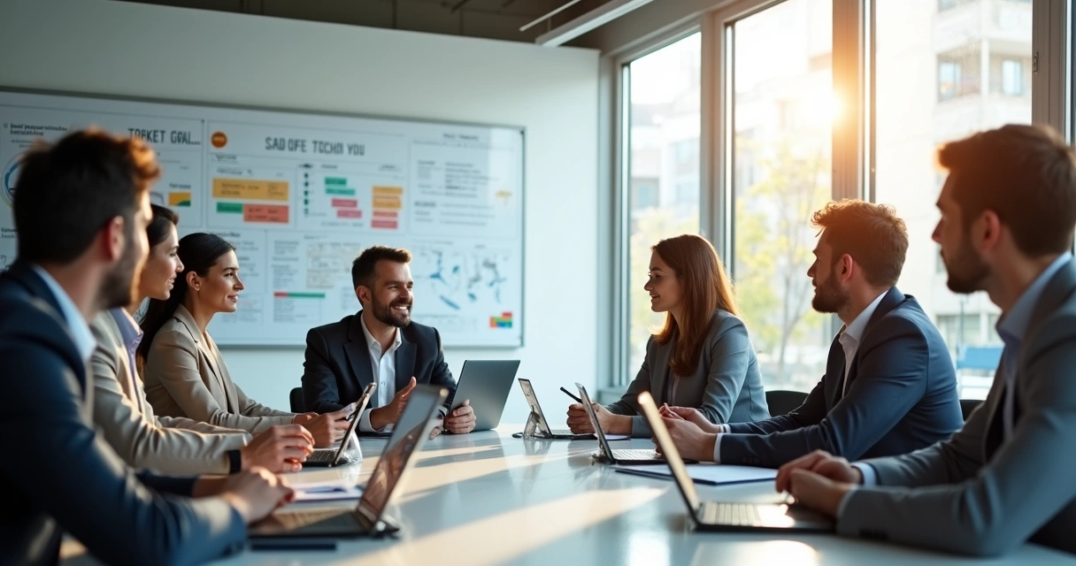 Grupo diverso de pessoas em reunião, escutando ativamente em uma sala de conferência 