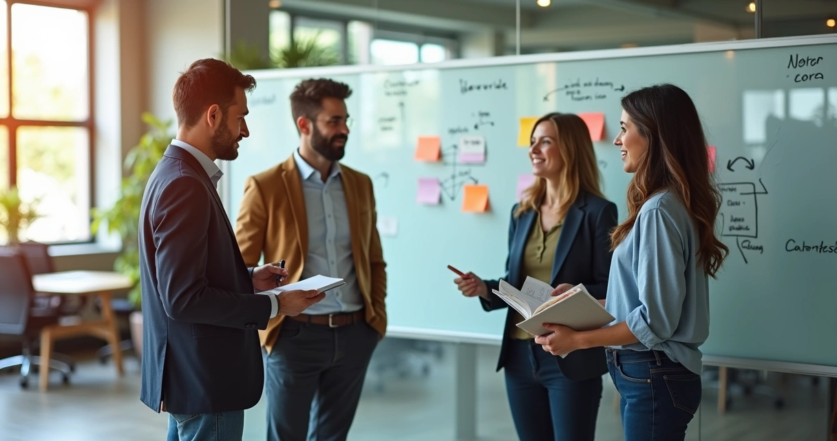 Equipe em pé diante de quadro de vidro praticando escuta ativa no trabalho 
