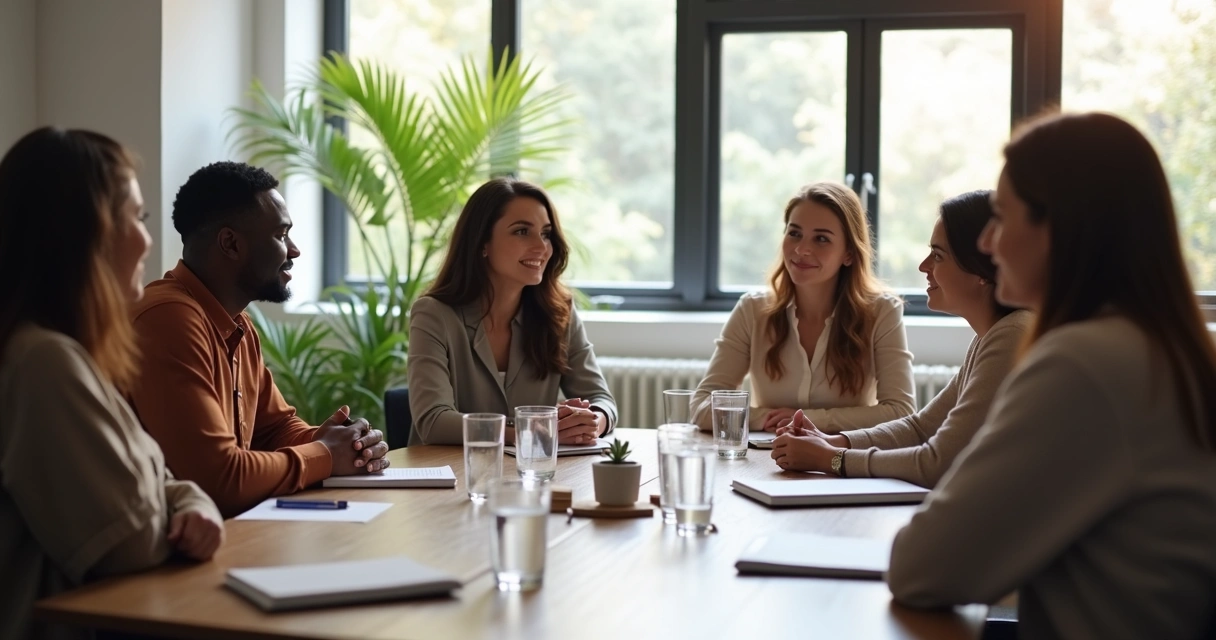 Equipe diversa em reunião de escuta 