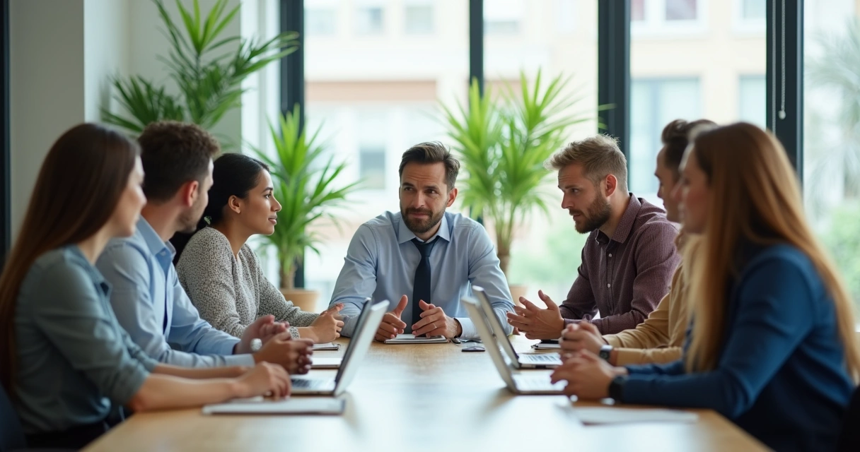 Equipe em reunião com escuta atenta