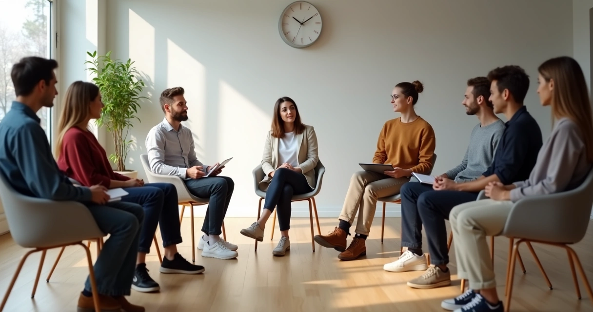 Equipe diversa sentada em círculo praticando escuta atenta em sala ampla 