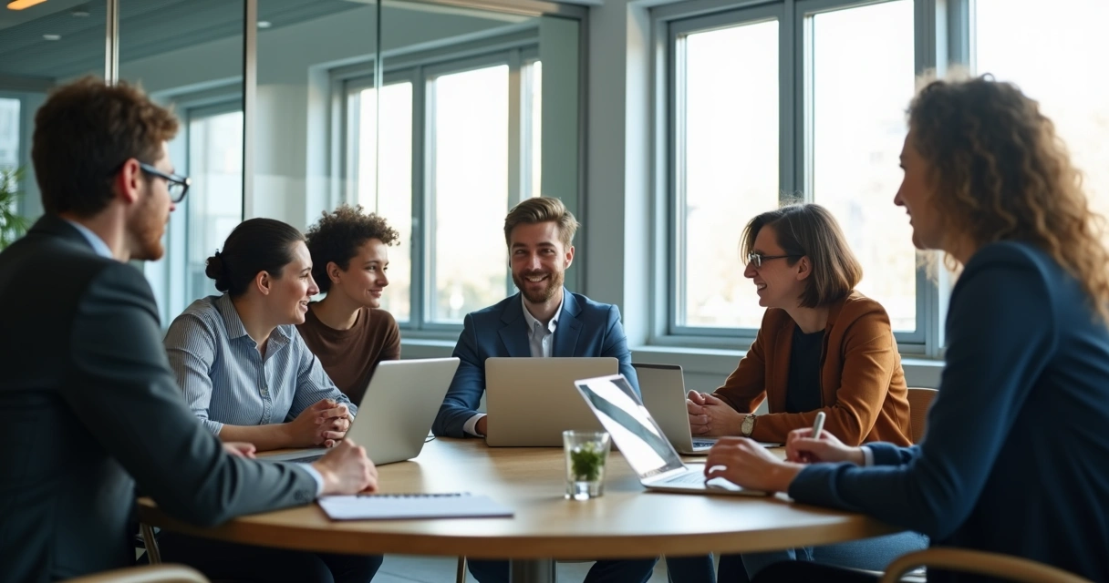 Equipe de negócios sentada em círculo escutando atenta a uma pessoa apresentando ideia em um escritório moderno 