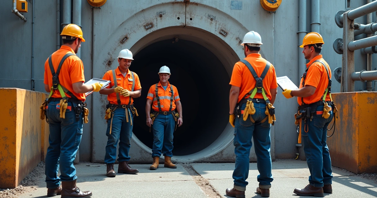 Trabalhadores equipados com cintos, capacetes e máscaras ao redor de entrada de espaço confinado 