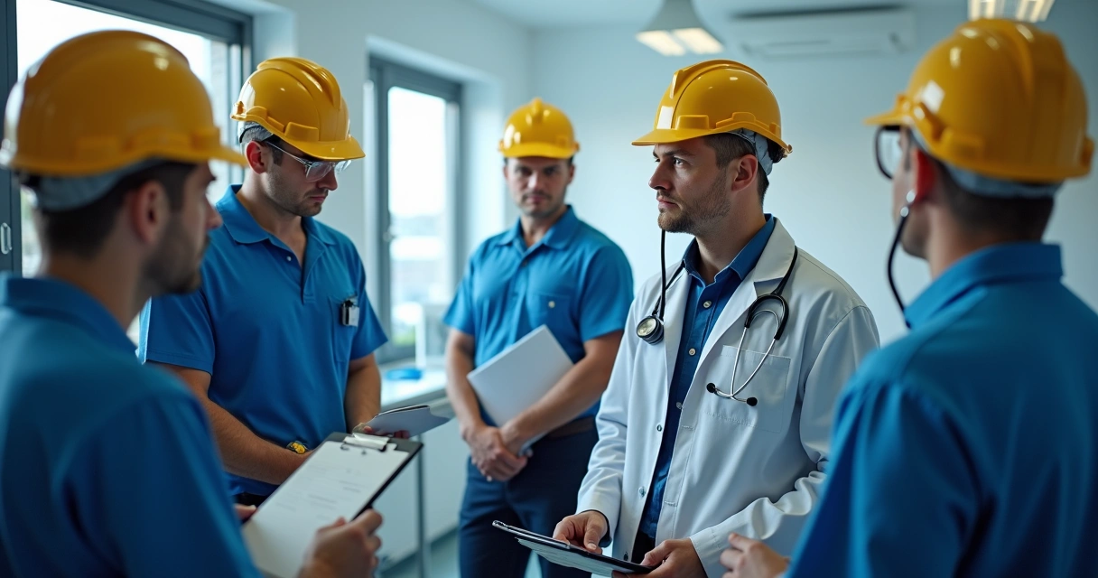 Equipe de trabalhadores realizando exame para espaço confinado 