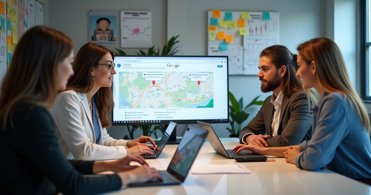 Equipe de especialistas reunida em frente a computadores analisando perfis do Google Meu Negócio 