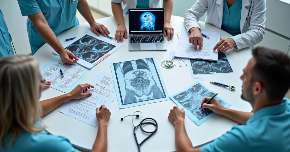 Mesa redonda com especialistas analisando exames e planejando cirurgia em conjunto 