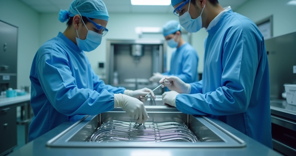 Equipe esterilizando instrumentos odontológicos 