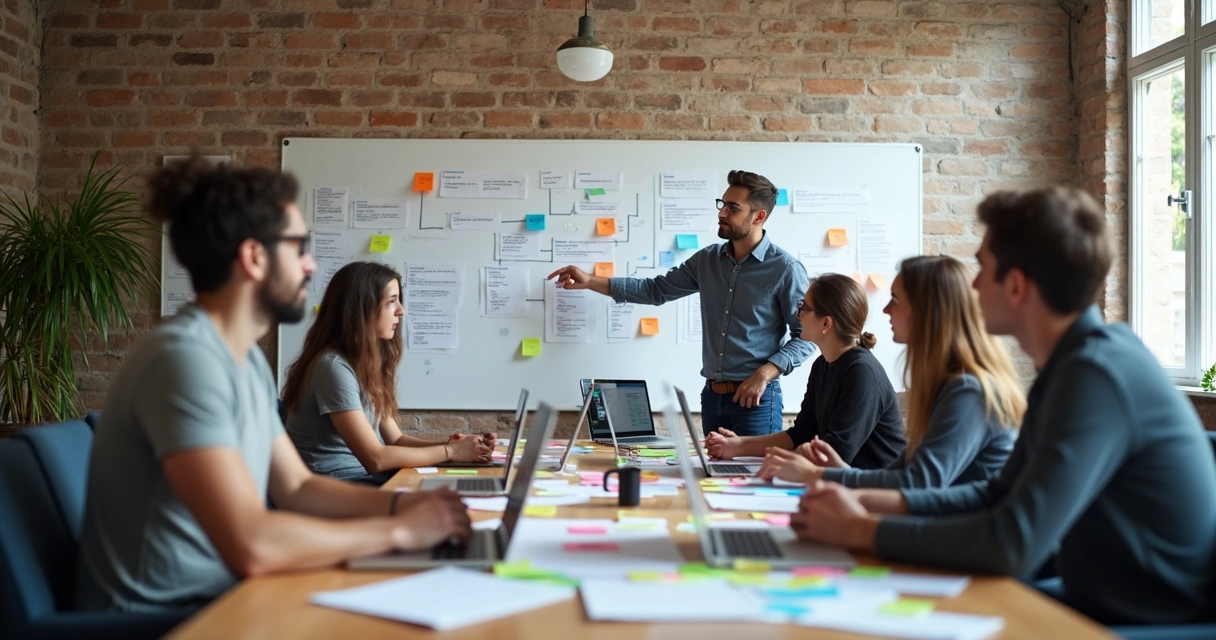 Equipe de marketing planejando conteúdo estrategicamente 