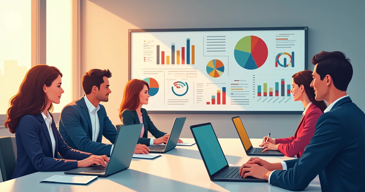 Equipe de comunicação política reunida em sala, analisando dashboards de dados em notebooks e quadros brancos 