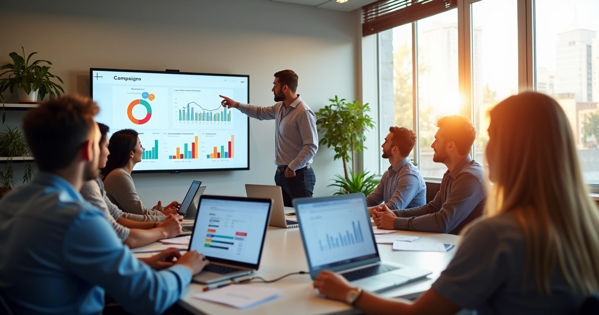 Equipe reunida em escritório traçando estratégia de tráfego pago digital