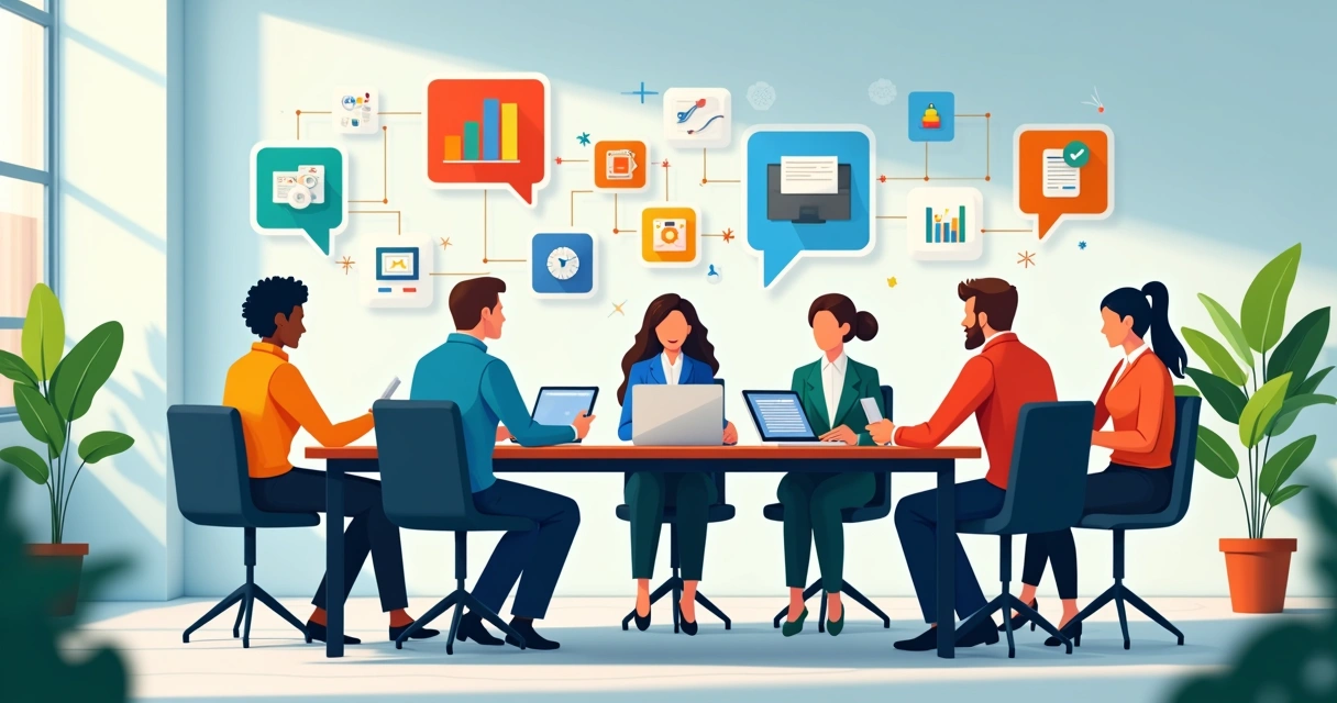 Equipe reunida ao redor de uma mesa discutindo estratégias de marketing digital 