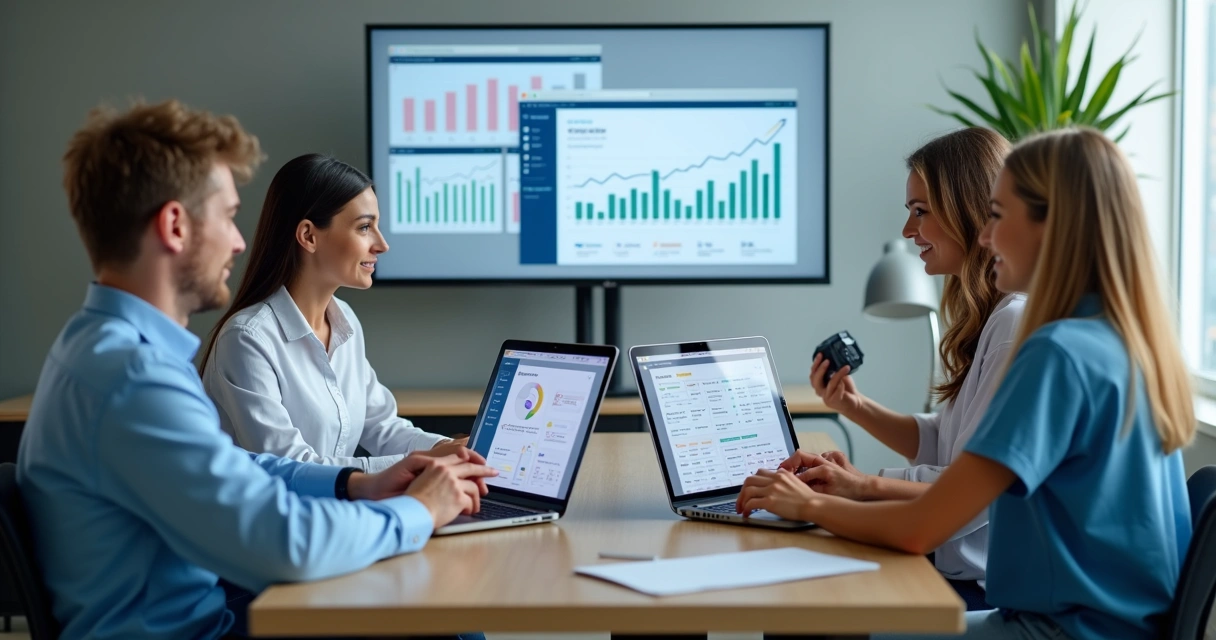 Equipe profissional em reunião estratégica de marketing digital para clínica odontológica, com gráficos e telas de computador mostrando dados de anúncios e agendamento 