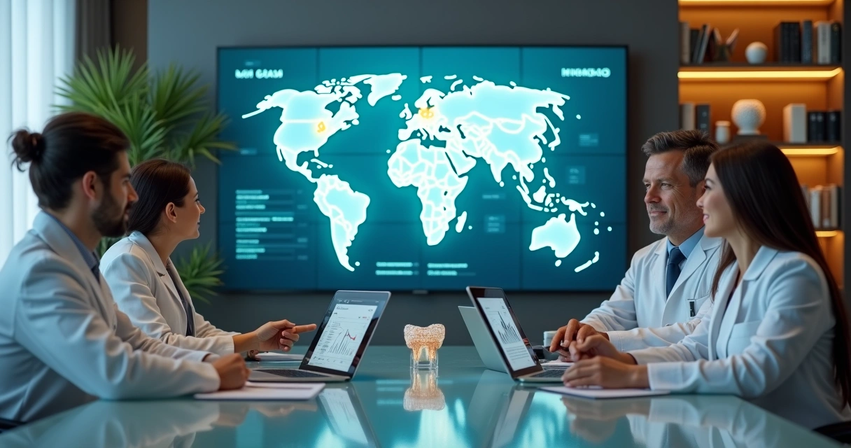 Equipe analisa painel de marketing odontológico com mapa do Brasil e gráficos digitais 