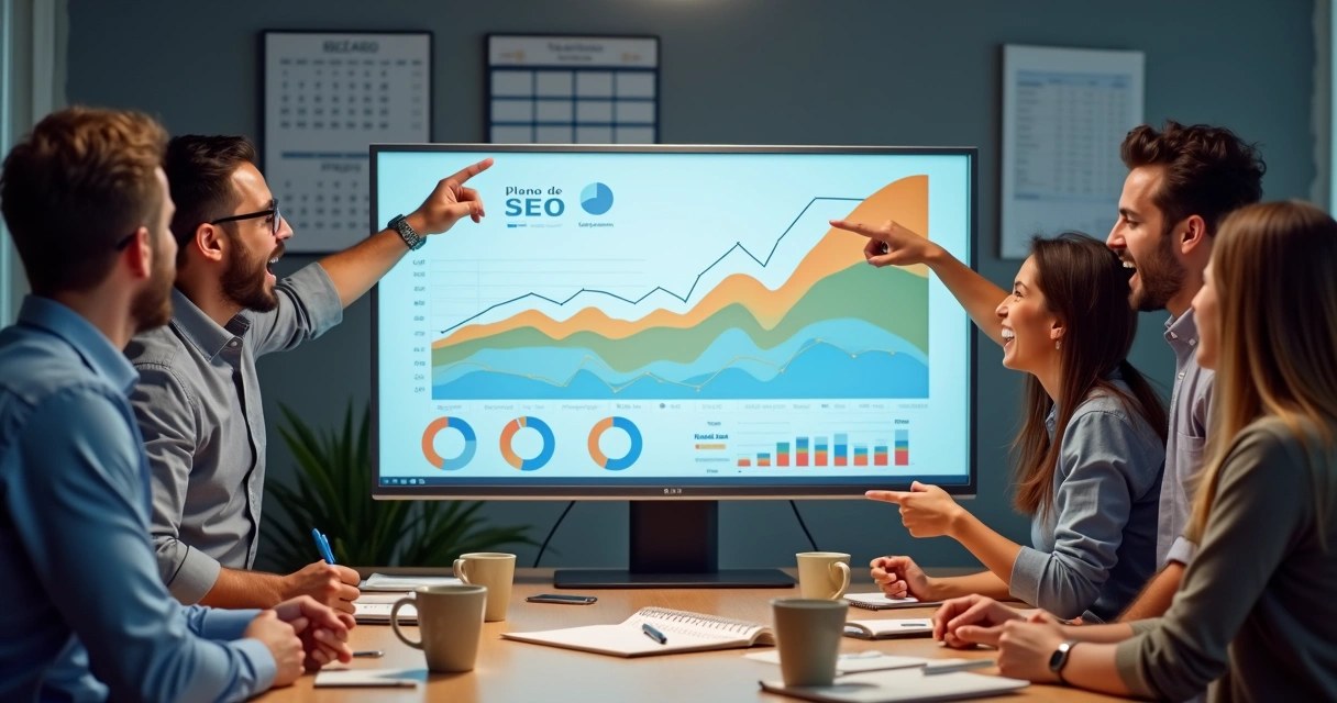 Equipe de marketing apontando para gráficos em monitor 