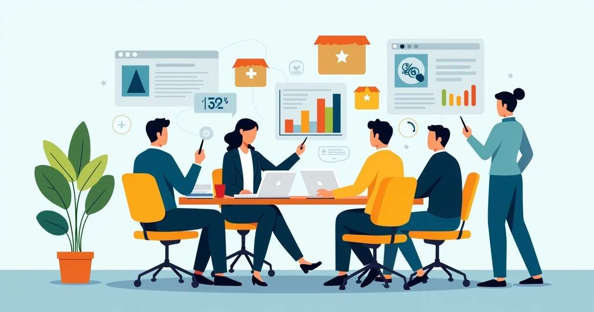 Como escolher empresas para gestão de marketplaces em 2026 2 Equipe revisando estratégia de marketplace com gráficos e produtos em ilustração plana