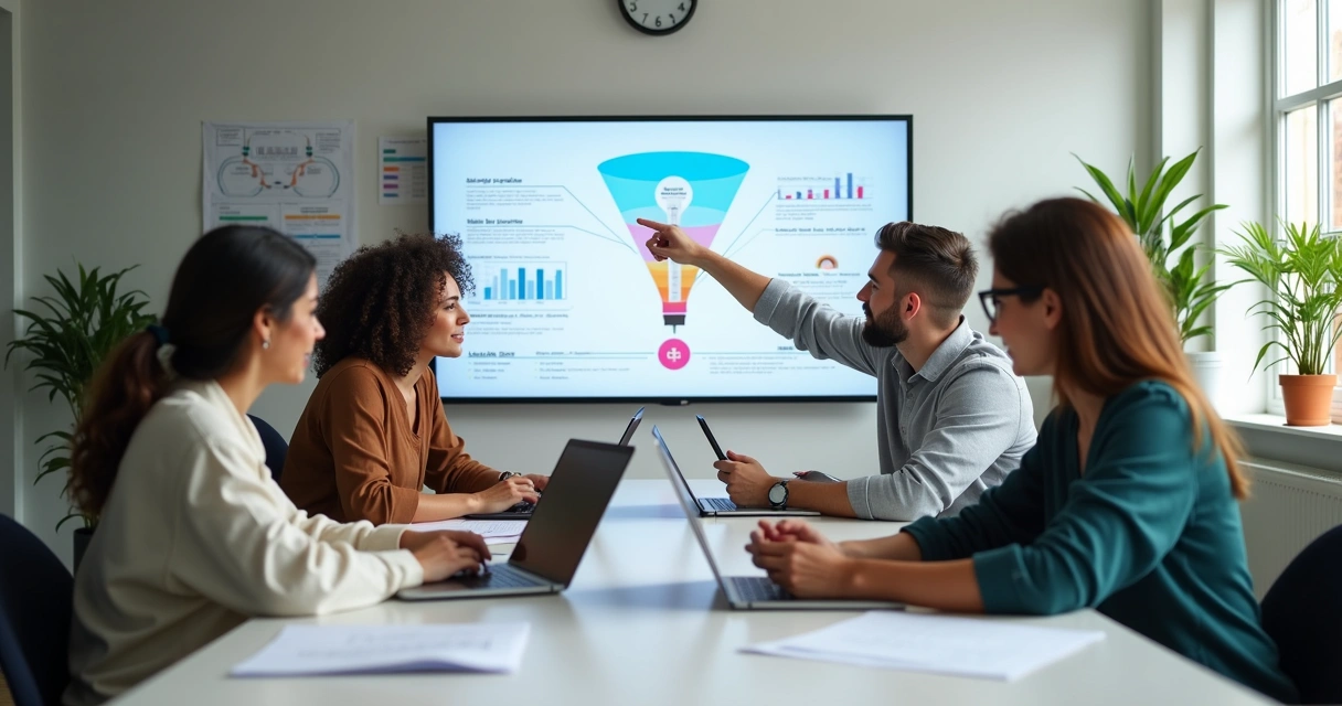 Equipe de marketing reunida discutindo estratégia para clínica odontológica