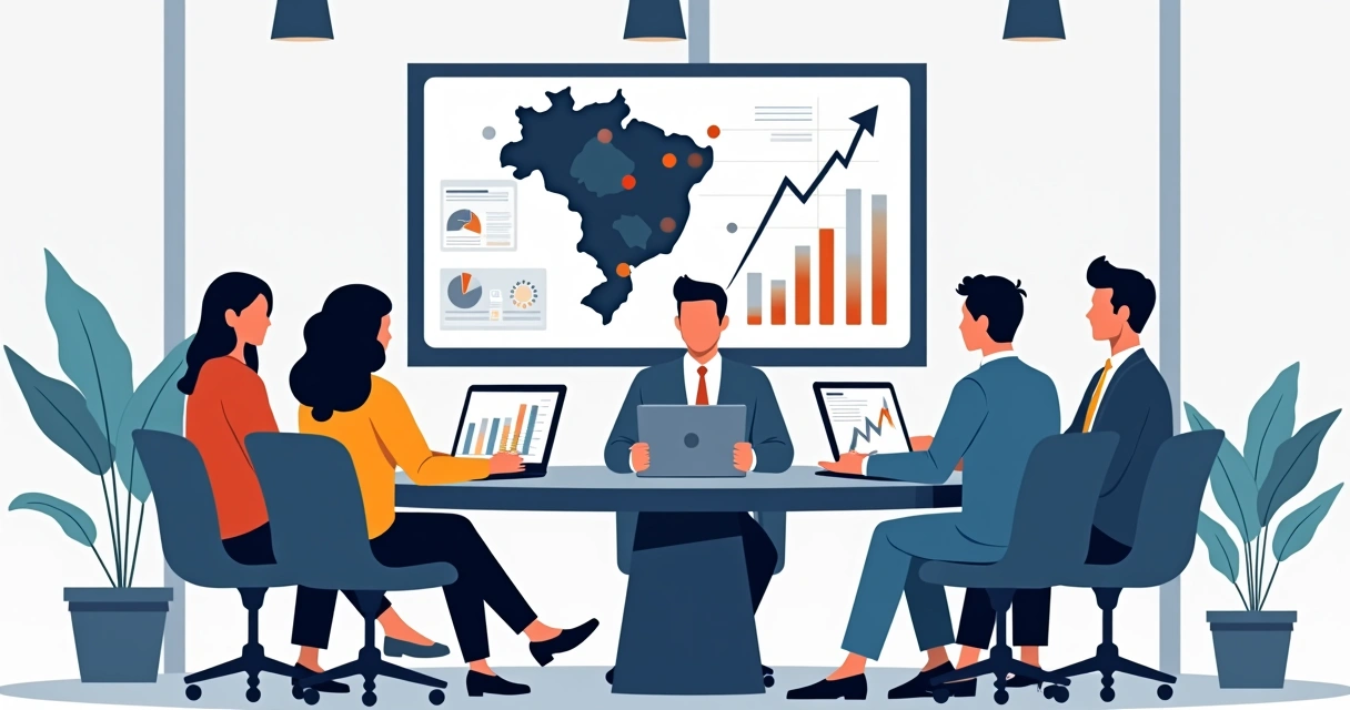 Equipe de marketing digital discutindo estratégia nacional em mesa de reunião 