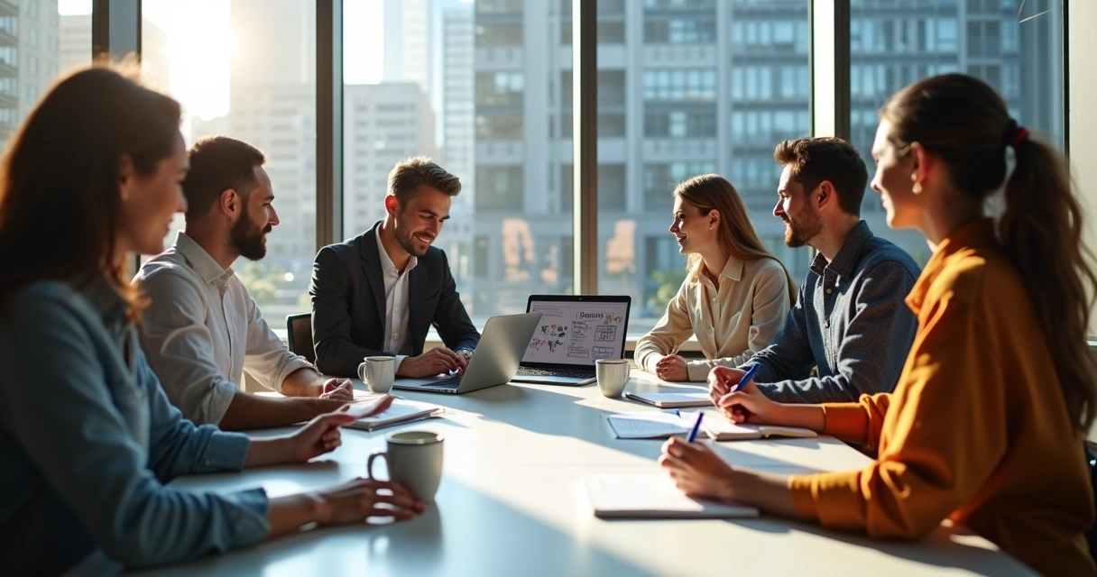 Equipe de marketing digital trocando ideias em sala de reunião 
