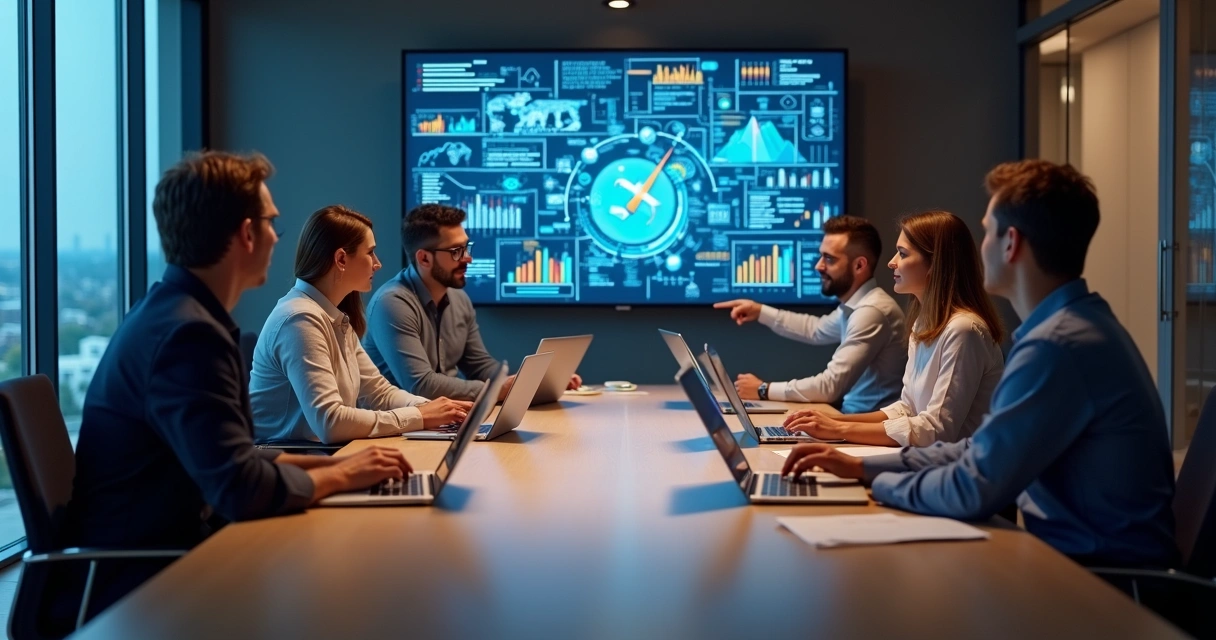 Equipe reunida em sala de reunião discutindo estratégia SaaS 