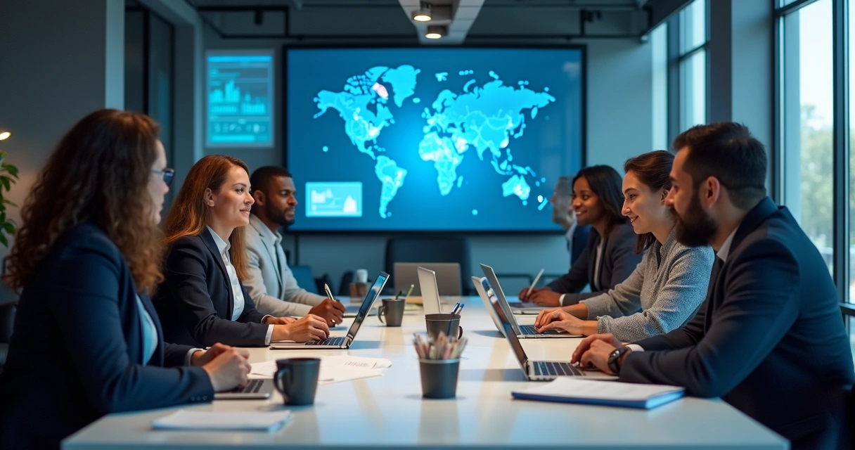 Equipe do escritório de contabilidade reunida em volta da mesa discutindo estratégias digitais 