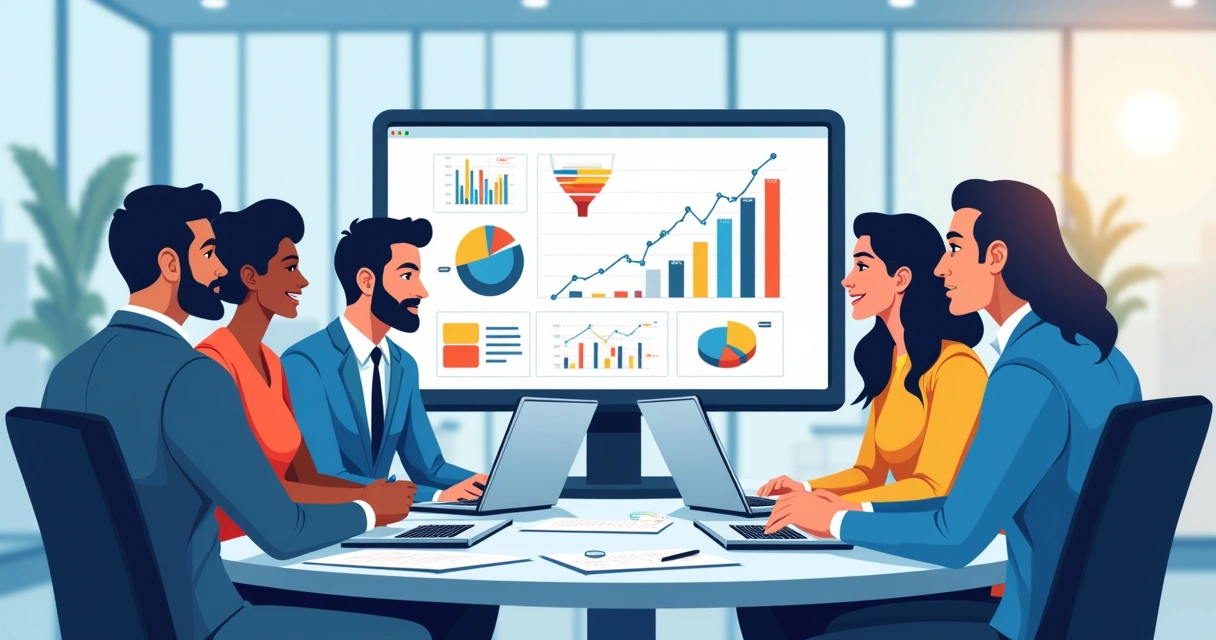 Equipe discutindo estratégia de marketing em mesa redonda com laptops e gráficos 