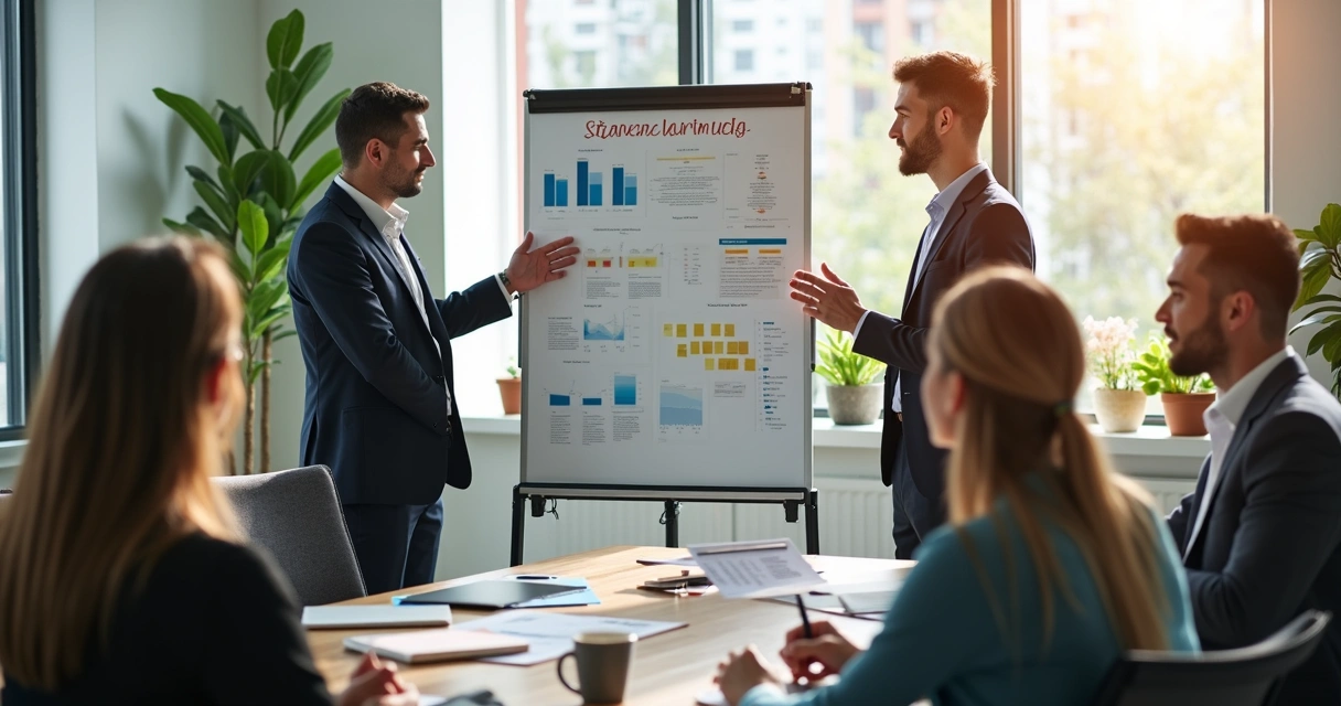 Equipe de marketing de franquias analisando estratégias de marca em frente a um quadro branco com gráficos. 