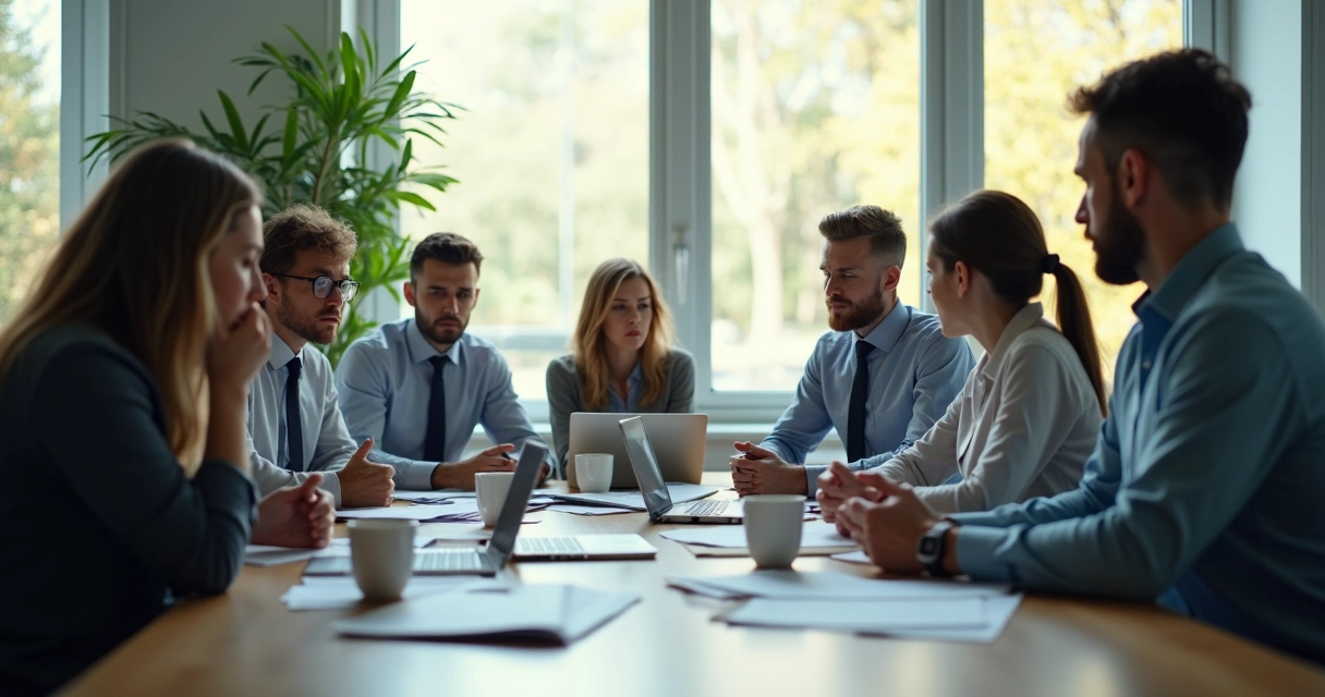 Equipe sentada em um escritório moderno, alguns com expressão de estresse, outros de preocupação, enquanto trabalham juntos. 