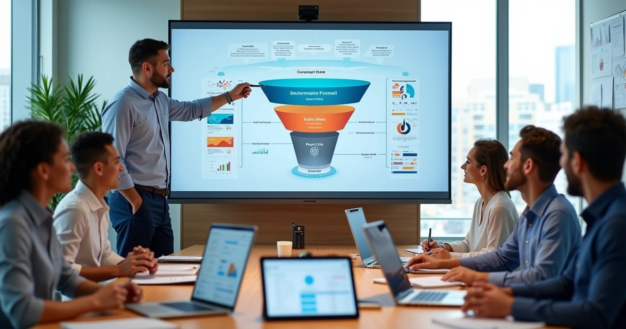 Gestor mostrando funil de vendas em tela para equipe reunida em sala de reunião moderna 