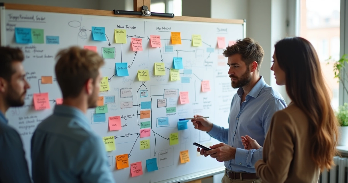 Grupo trabalhando em quadro branco desenhando fluxo de startup 
