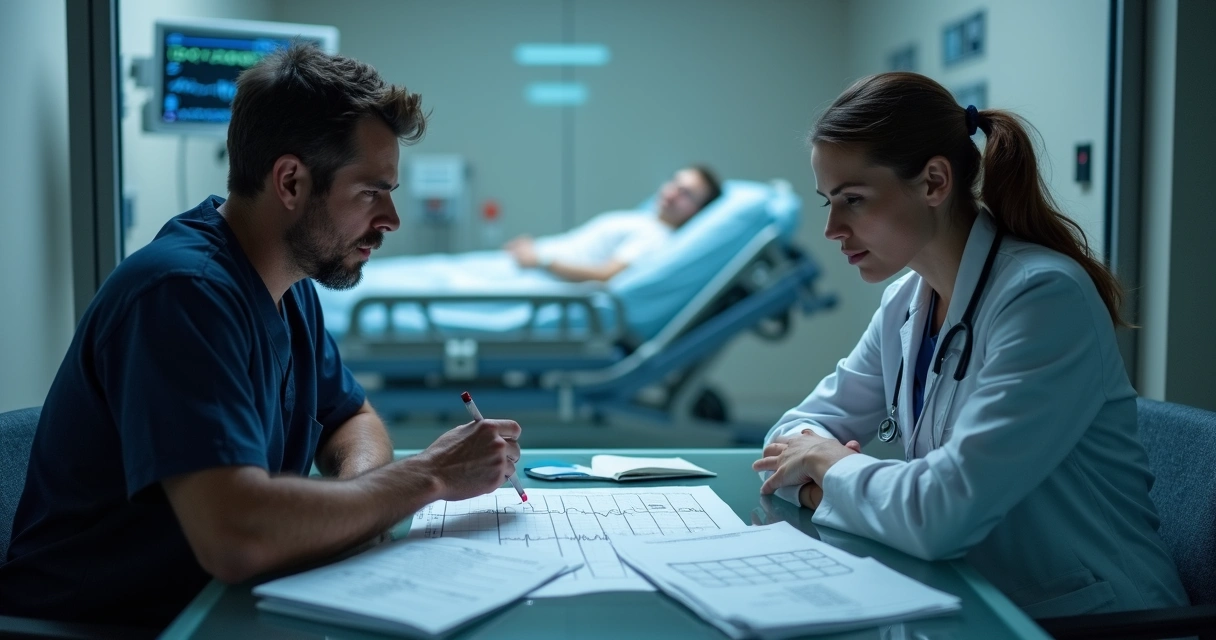 Equipe médica analisando ECG com alteração em IAM sem supra 