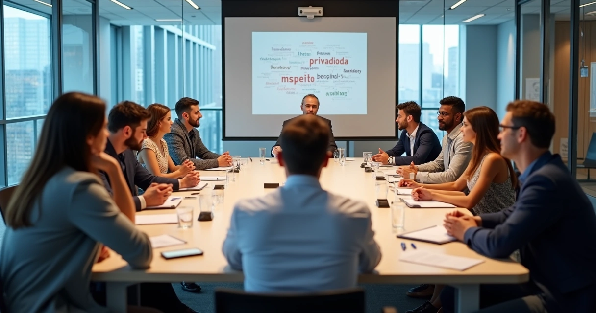 Equipe de trabalho sentada em círculo em sala de reuniões, discutindo ambiente organizacional