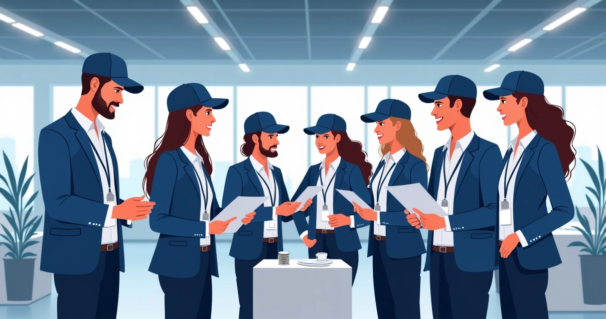 Equipe corporativa usando bonés em estande de evento 