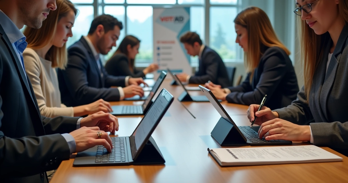 Profissionais usando tablets com teclado em evento corporativo em São Paulo 