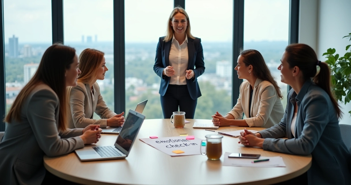 Equipe de escritório em círculo em torno de mesa discutindo bem-estar emocional 