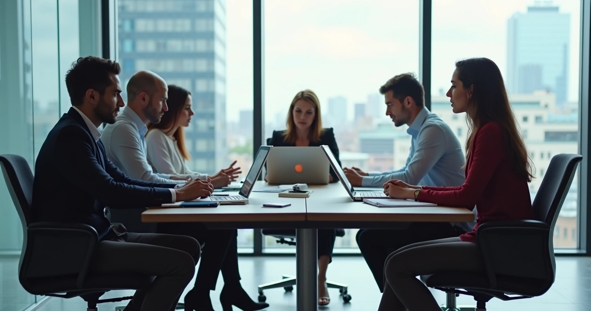 Duas pessoas sentadas afastadas de um grupo de colegas em uma mesa de reunião. 