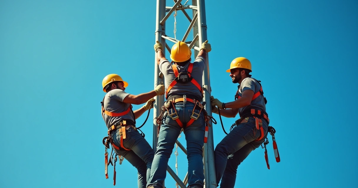 Equipe com uniforme completo realizando trabalho em altura e utilizando EPIs.