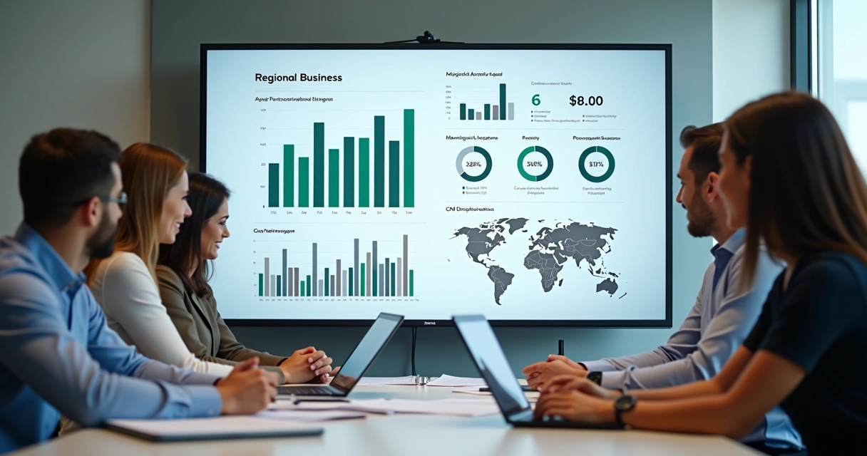 Equipe avaliando indicadores regionais em painel de negócios 