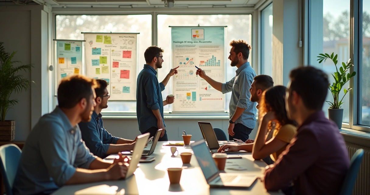 Equipe SaaS em discussão animada, analisando post-its e gráficos de experimentos 