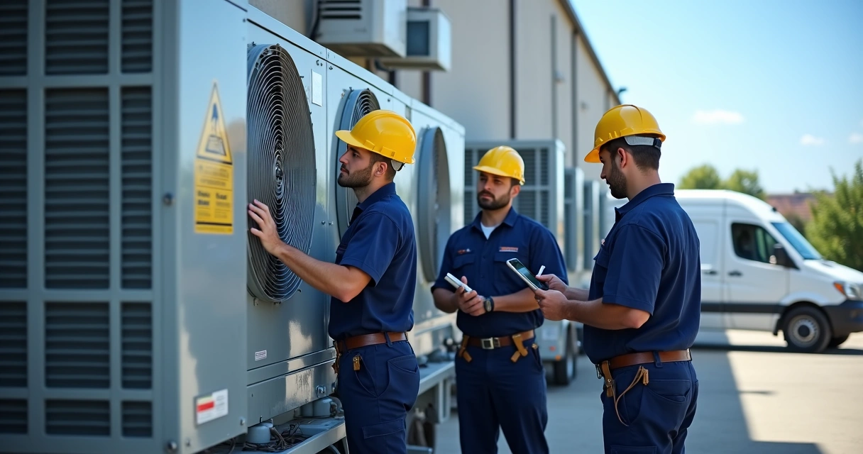 Equipe de manutenção externa realizando serviço de climatização em empresa 