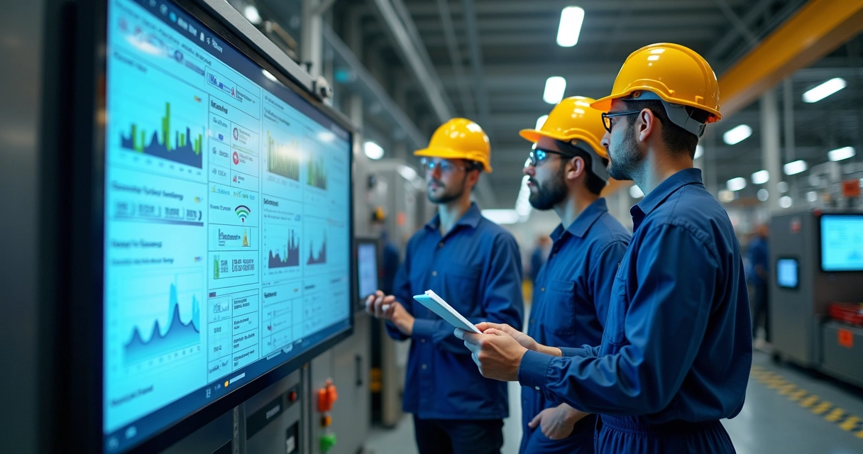Equipe analisa painel digital industrial juntos no chão de fábrica 