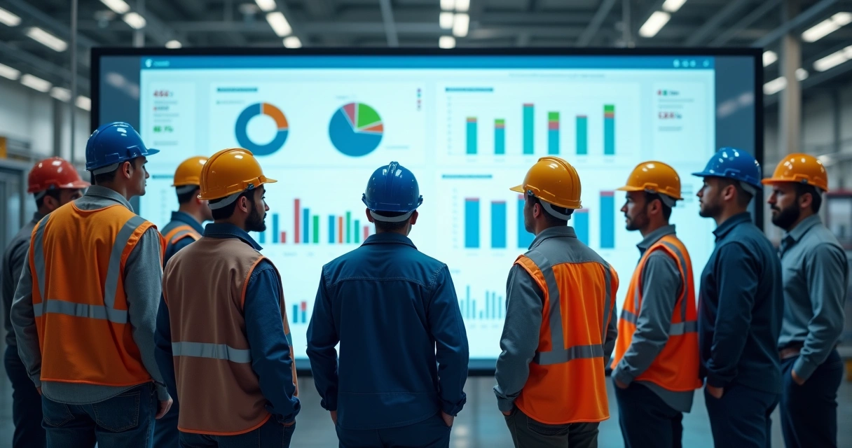 Equipe de fábrica dialogando sobre dados de produção em monitor 