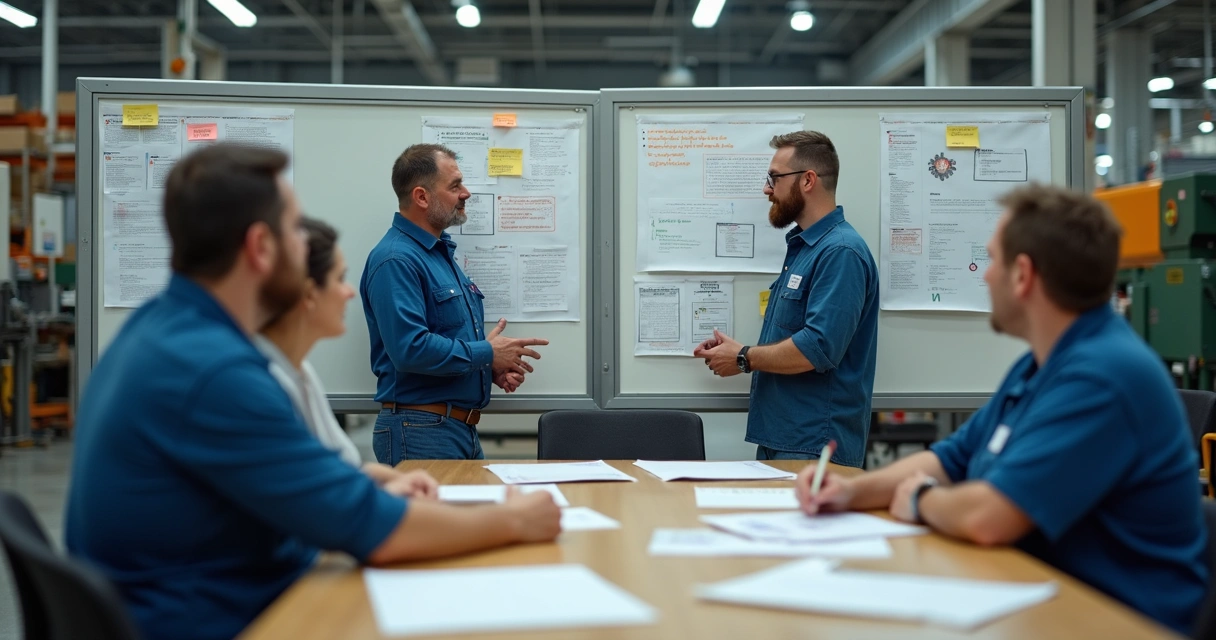 Equipe de fábrica discutindo ideias de melhorias 