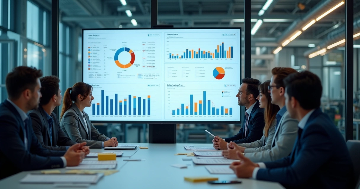 Gestores de fábrica reunidos analisando painel de sistema ERP 
