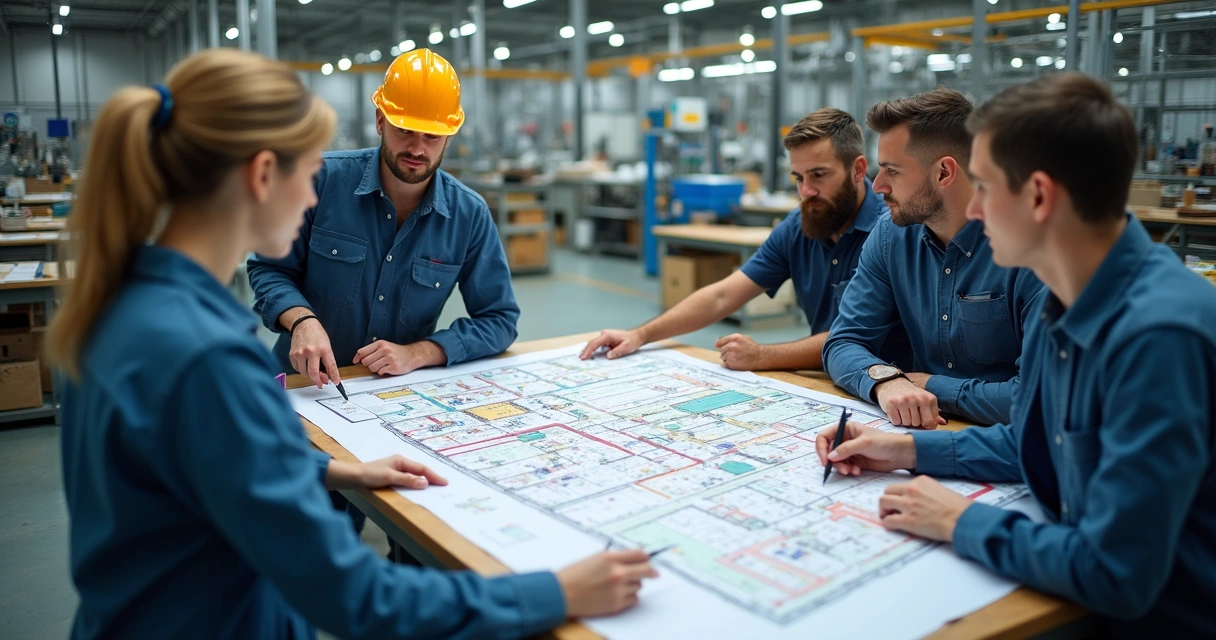 Equipe de fábrica reunida ao redor de layout de processo redesenhado