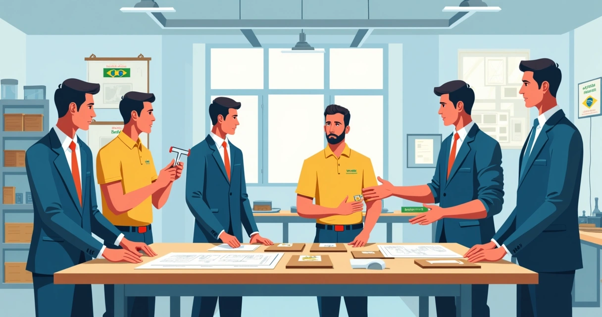 Profissionais de fábrica de placas institucionais analisando amostras 