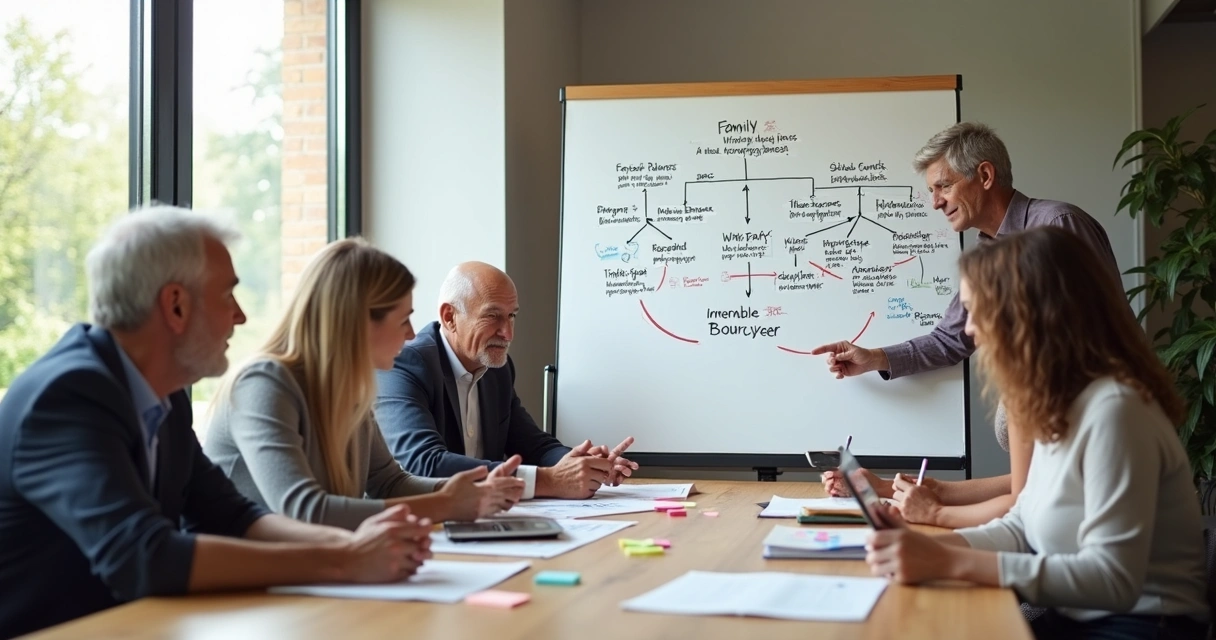 Equipe de família em reunião olhando quadro com árvore genealógica e setas de padrões comportamentais 