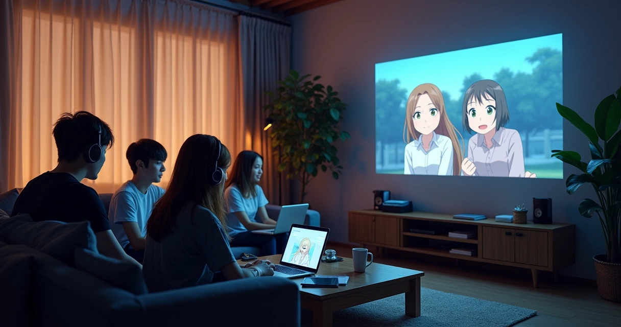 Equipe de fãs de anime legendando juntos em ambiente caseiro 