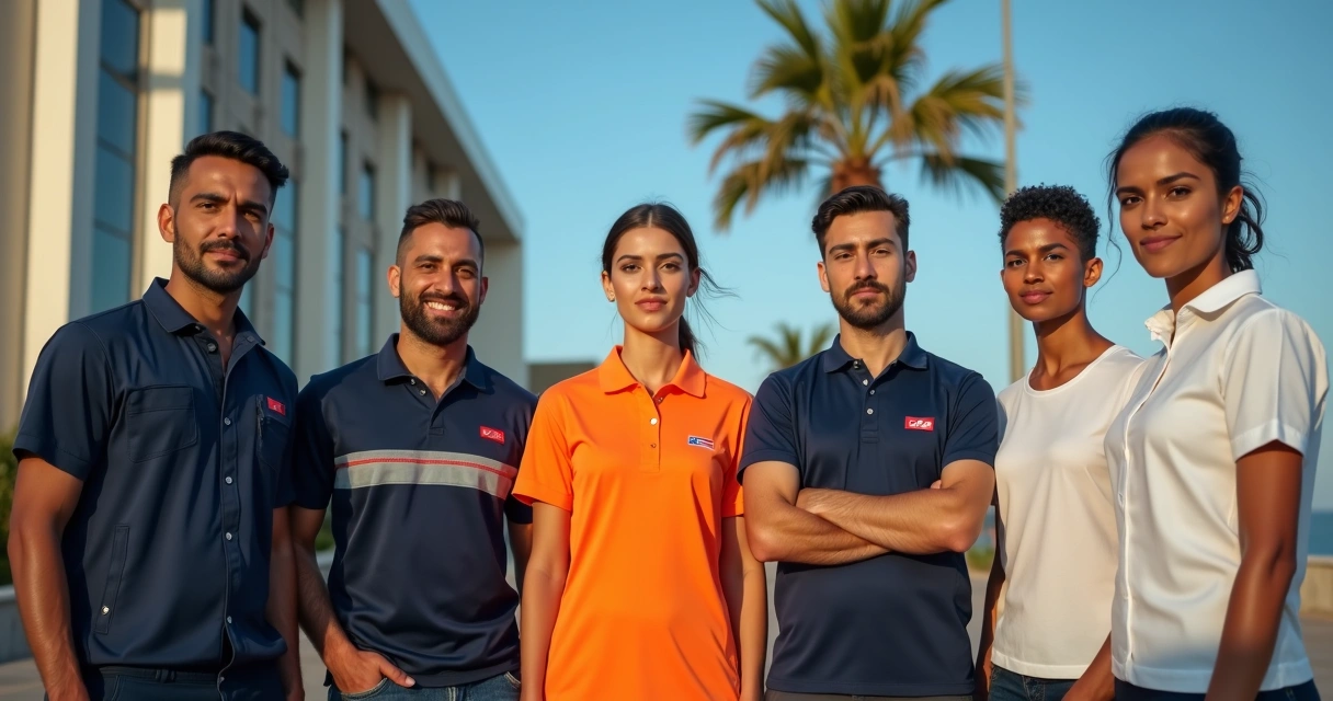 Equipe de funcionários com diferentes fardamentos em frente a empresa moderna 